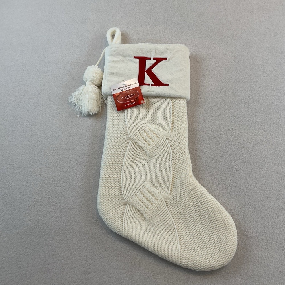 St Nicholas Square Christmas Stocking Cable Knit White K Initial Monogram Kohls